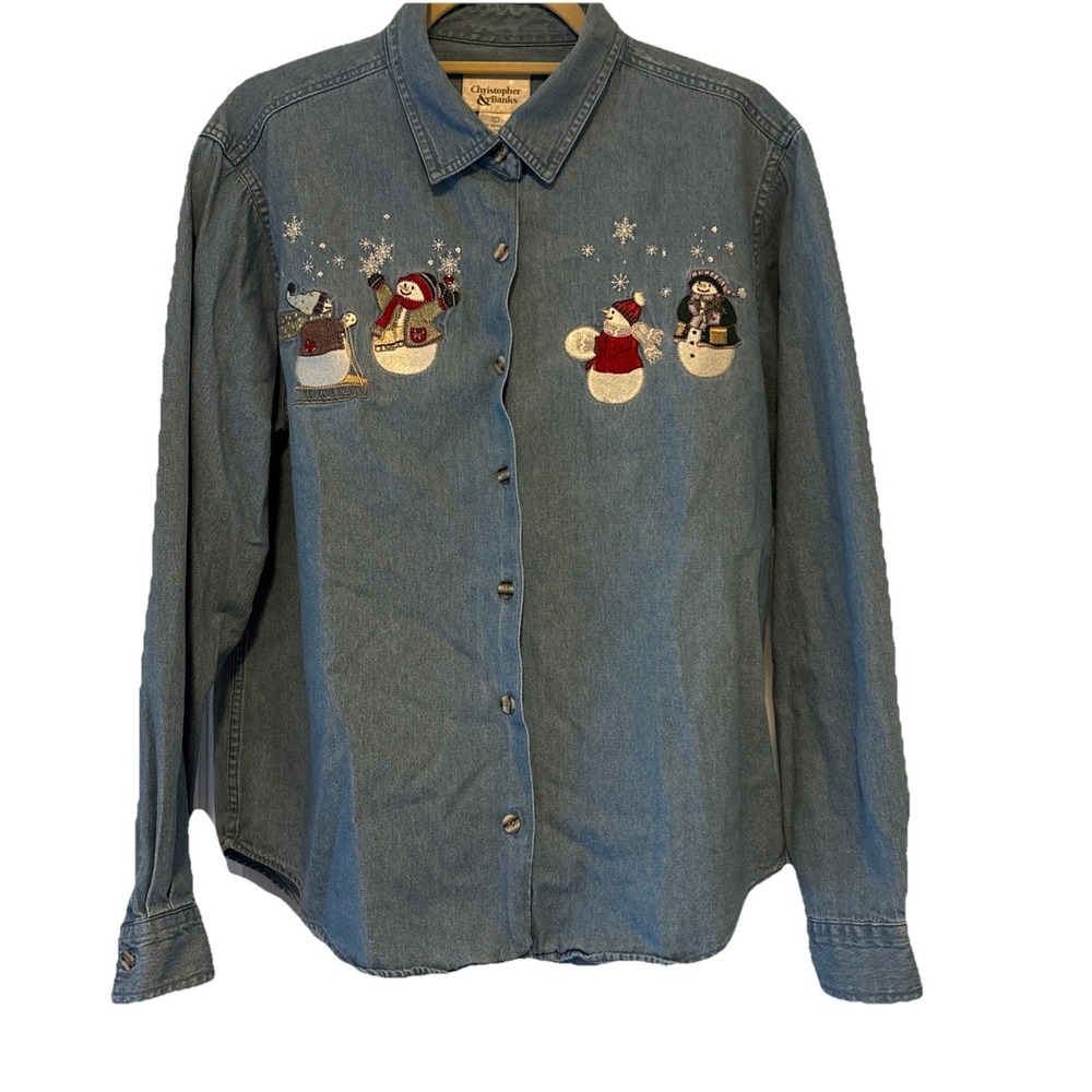 Christopher & Banks Women's L Embroidered Denim Snowman Shirt Winter Holiday UCS